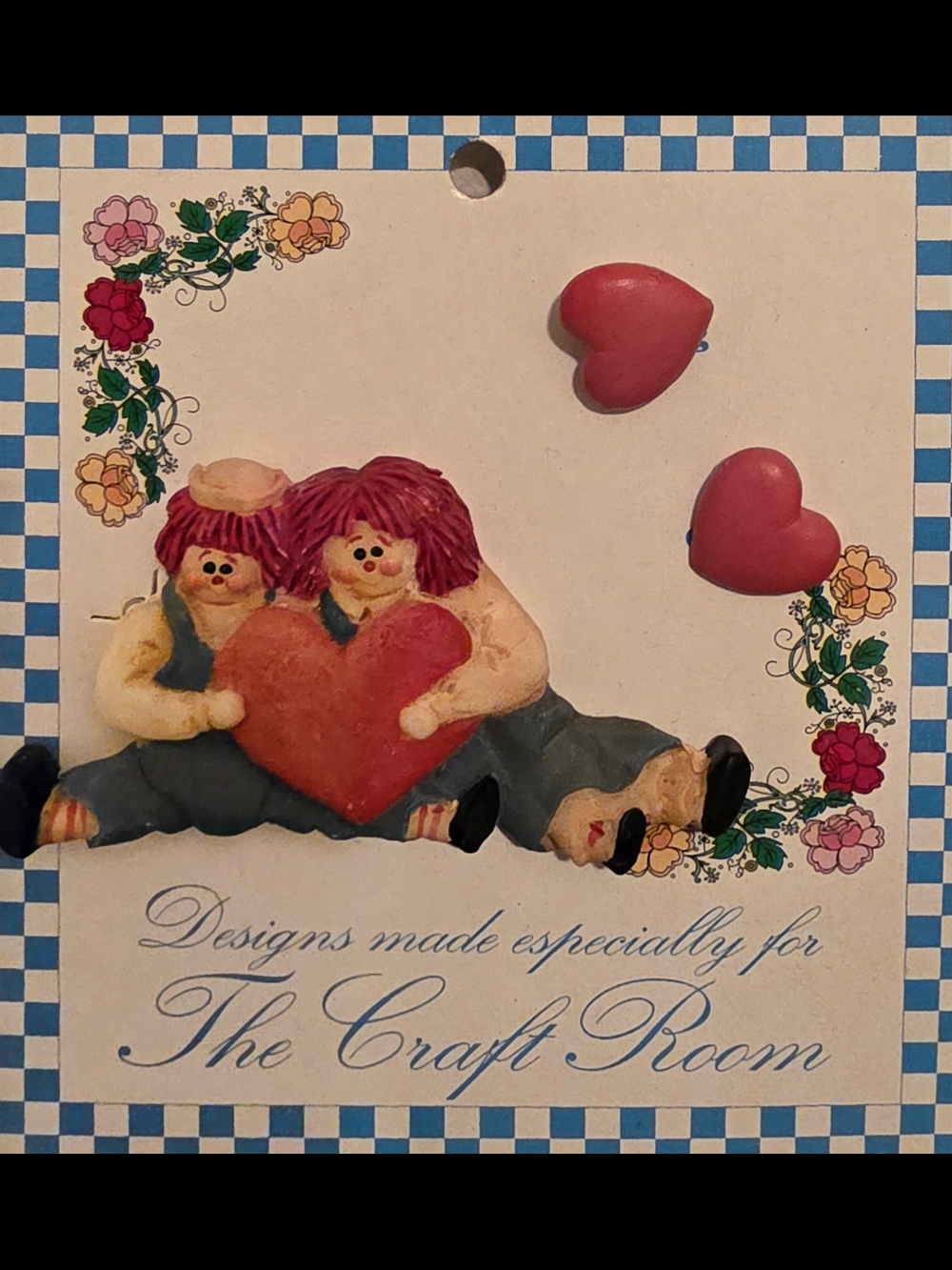 Handmade Raggedy Ann & Andy Heart Couple Brooch & Red Heart Accent Earrings